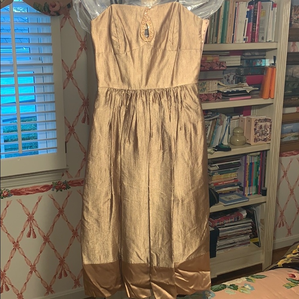 Strapless gold cocktail dress